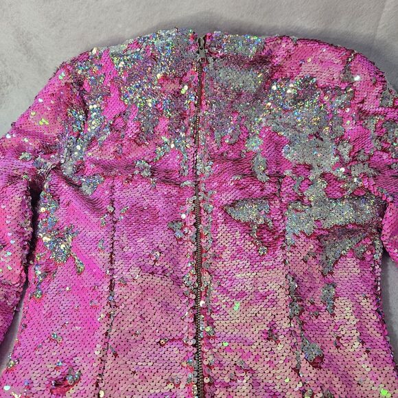 BOOHOO Us Sz 6 NWT Pink Sequin Drape Minidress Lined L/s Zip Up - Picture 10 of 11